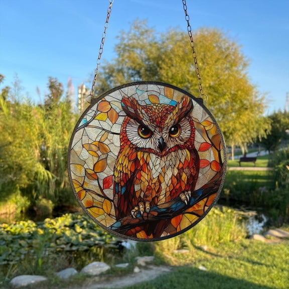 Owl Painted Glass Suncatcher, Window Hanging Decor, Outdoor Sun Catcher Decor, Wild Animals Wall Decor, Suncatcher Window Hanging, 6.3 in