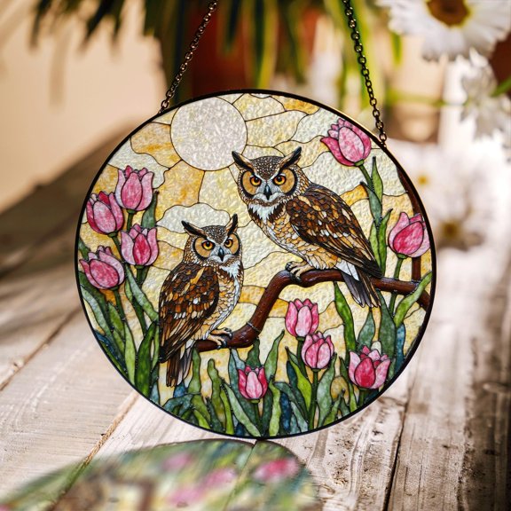 Owl Pair Tree Branch Glass Suncatcher, Window Hanging Nature Decor, 3.5 in