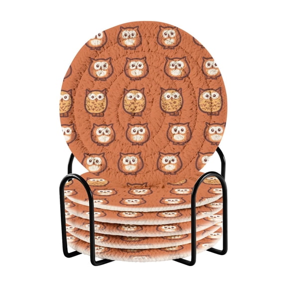 Owl Pattern Design 4in Bar Coasters Set of 6 with Storage Rack Durable Heat Resistant