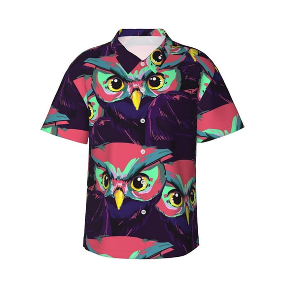 Owl Pattern Men's 3d Print Casual Button Down Shirts, Novelty Hawaiian Short Sleeves L