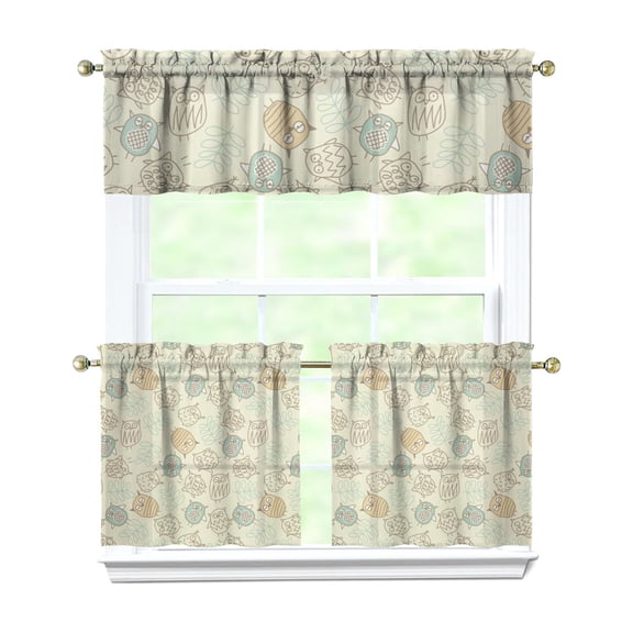 Owl Pattern Tier Window Curtains 3 Pack - Big Eyes Cartoon Design, Caf Curtains Set with Valance for Kitchen/Bathroom (Machine Washable Semi-Sheer)