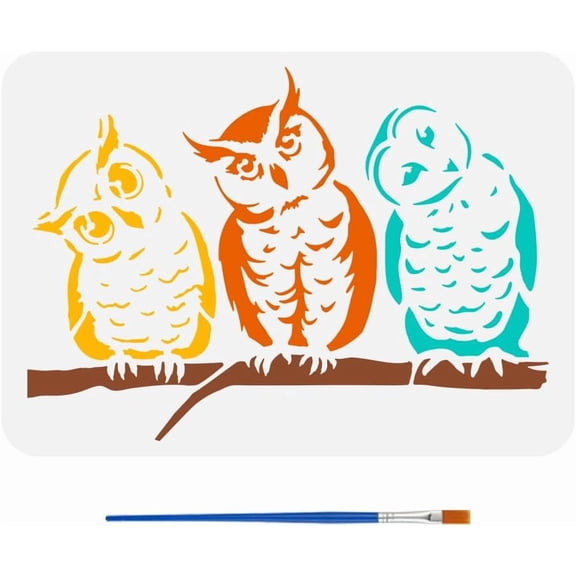 Owl Patterns Painting Stencil 8.3x11.7inch 3 Owls with Heads Titlted Template with Brush Owls Standing on A Tree Branch Stencil Owl Birds Stencil Animal Theme Template for DIY Crafts Colorful