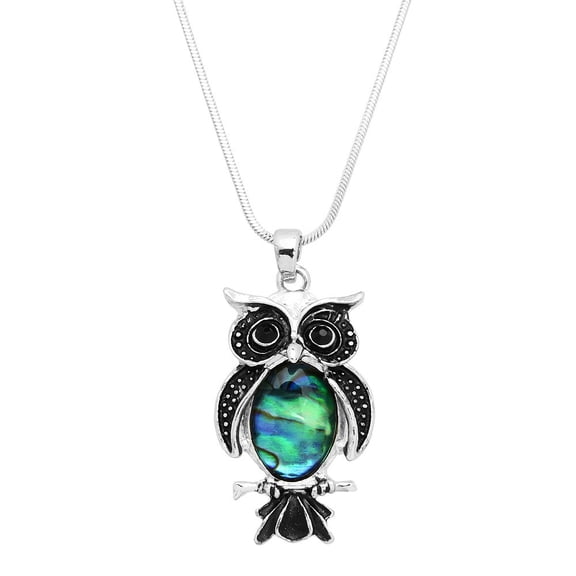Owl Pendant Necklace Abalone Shell Rhodium Plated 17 Inch Snake Chain J0765