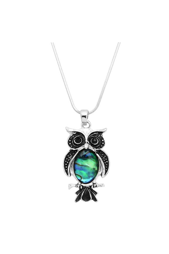 Owl Pendant Necklace Abalone Shell Rhodium Plated 17 Inch Snake Chain J0765
