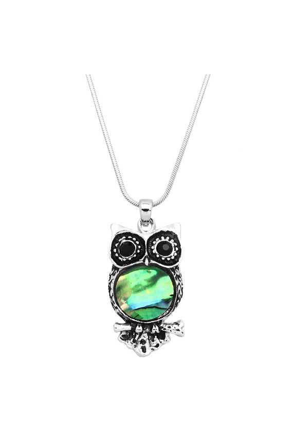 Owl Pendant Necklace Abalone Shell Rhodium Plated 17 Inch Snake Chain J0768