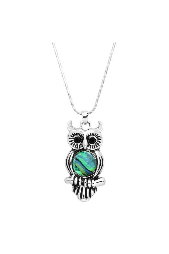 Owl Pendant Necklace Abalone Shell Rhodium Plated 17 Inch Snake Chain J0771