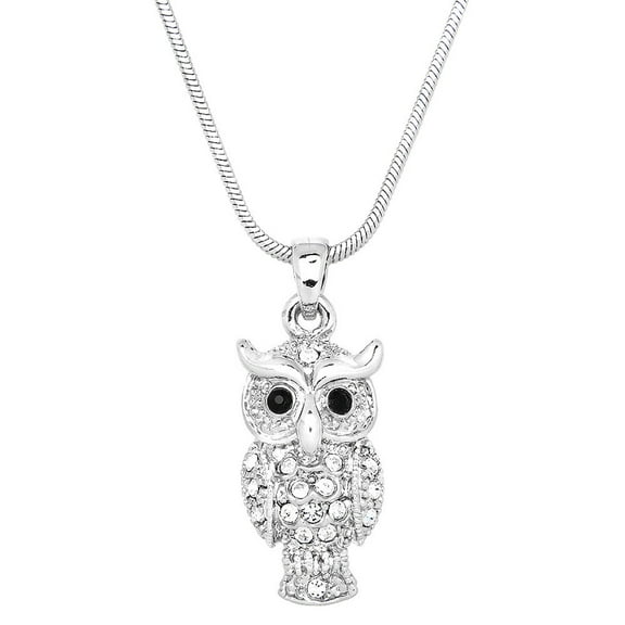 Owl Pendant Necklace Clear Rhinestone Crystal Rhodium Plated 17 Inch Snake Chain J0260-CR