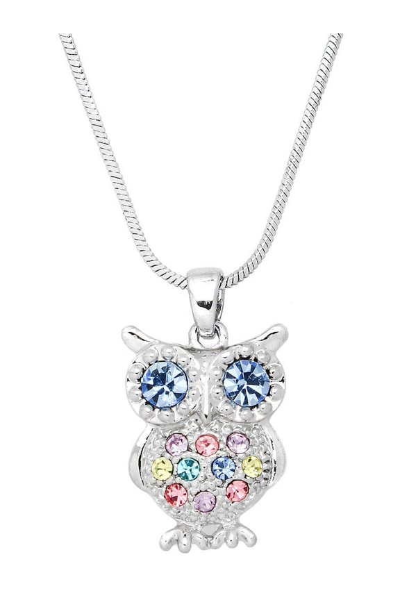 Owl Pendant Necklace Rhinestone Crystal Rhodium High Polished J0256-MT2