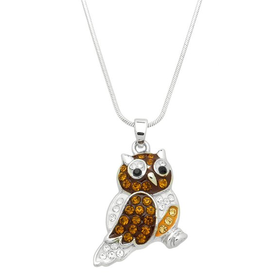 Owl Pendant Necklace Rhinestone Crystal Rhodium Plated 17 Inch Snake Chain J0654