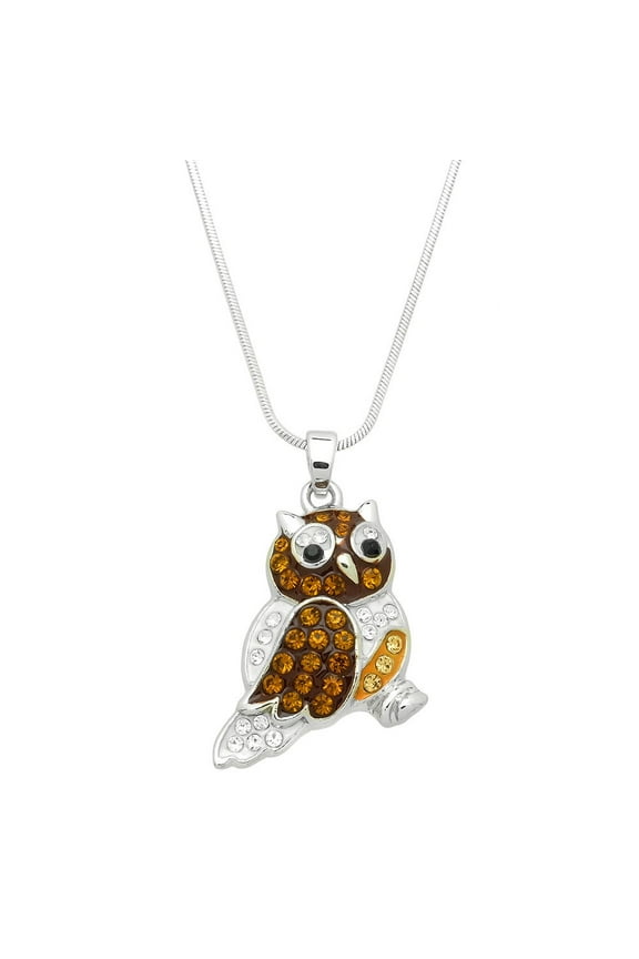 Owl Pendant Necklace Rhinestone Crystal Rhodium Plated 17 Inch Snake Chain J0654