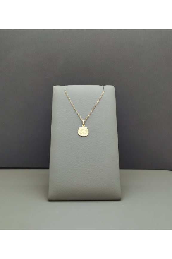 Owl Pendant Necklace in 9K Solid Yellow Gold, Engraved Owl Face Charm, Small Bird Necklace for Her, Thin Cable Chain Jewelry