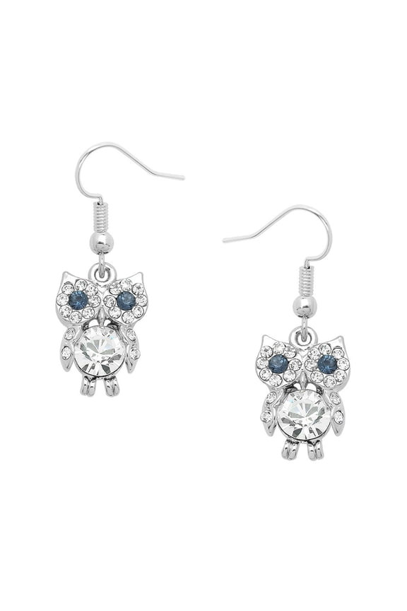 Owl Pendant Necklace or Earring Clear Rhinestone Crystal Rhodium Plated 17 Inch Snake Chain E0346-CR