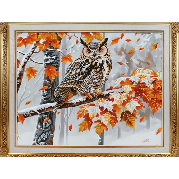 Owl Perched on Branch Autumn Tree DIY 11CT Stamped Cross Stitch Kits for Beginners Easy Needlepoint Embroidery Counted Cross Stitch Art Craft for Wall Decoration 12x16inch(4)