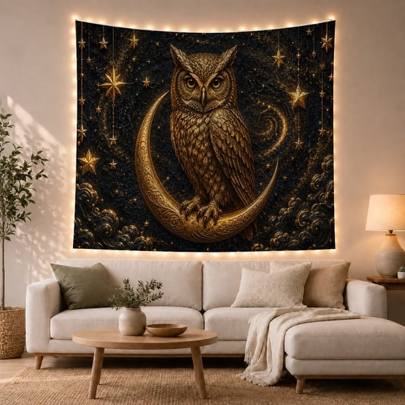 Owl Perched on Crescent Moon Against Starry Night Sky, Mystical Celestial for Astronomy Enthusiasts, Celestial Wall Art, Birthday Gift Tapestry Wall Hanging for Bedroom and Living Room