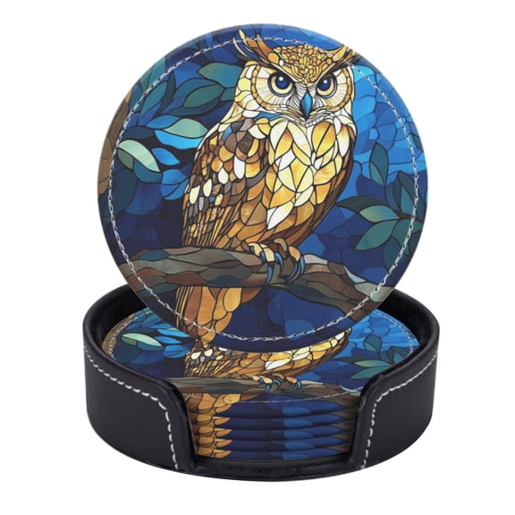 PU Leather Coasters for Drinks Bar Beer,Set of 6 with Holder,Round Housewarming Gift,Owl Perched On Ancient Tree Branch
