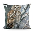 thumbnail image 1 of Owl Perched Snowy Birch Tree Scene Design by Lemon &amp; Sugar Throw Pillow, Blue, 1 of 5
