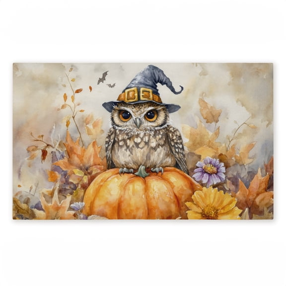 Owl Perched on Pumpkin Printed Outdoor Door Mat, design by LSR Design Studio, 18"x30"