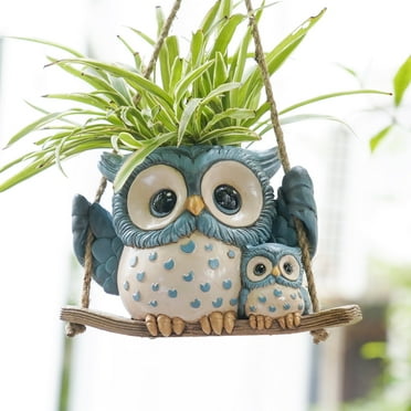 Quoowiit Unique Swing Owl Resin Plant Hangers Outdoor,Cute Animal Succulent Plant Pots with Drainage,4.72"H