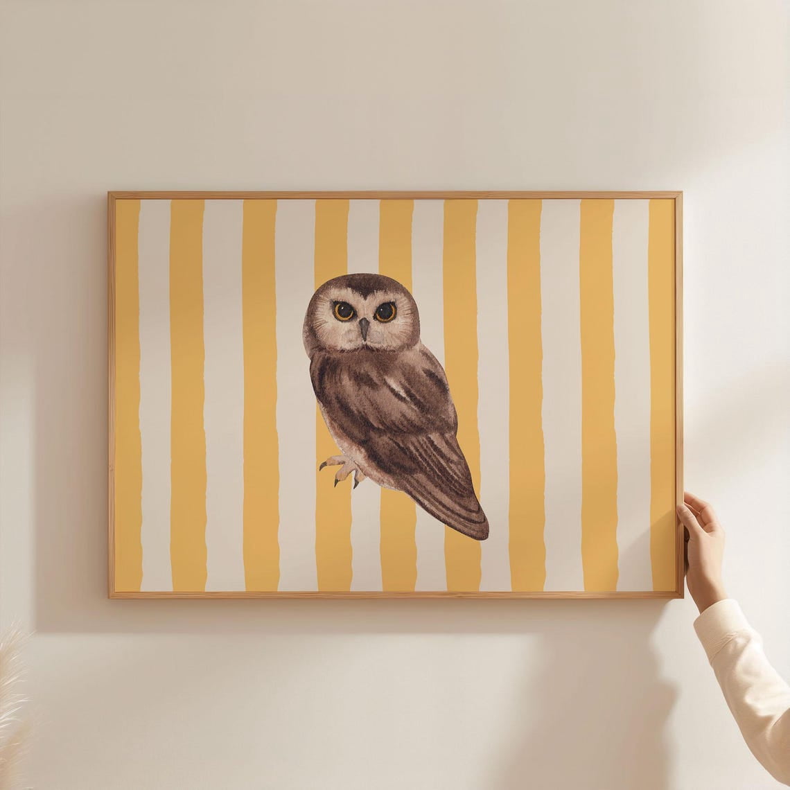 Owl Poster, Cute Animal Landscape, Yellow Beige Stripe Line Pattern For ...