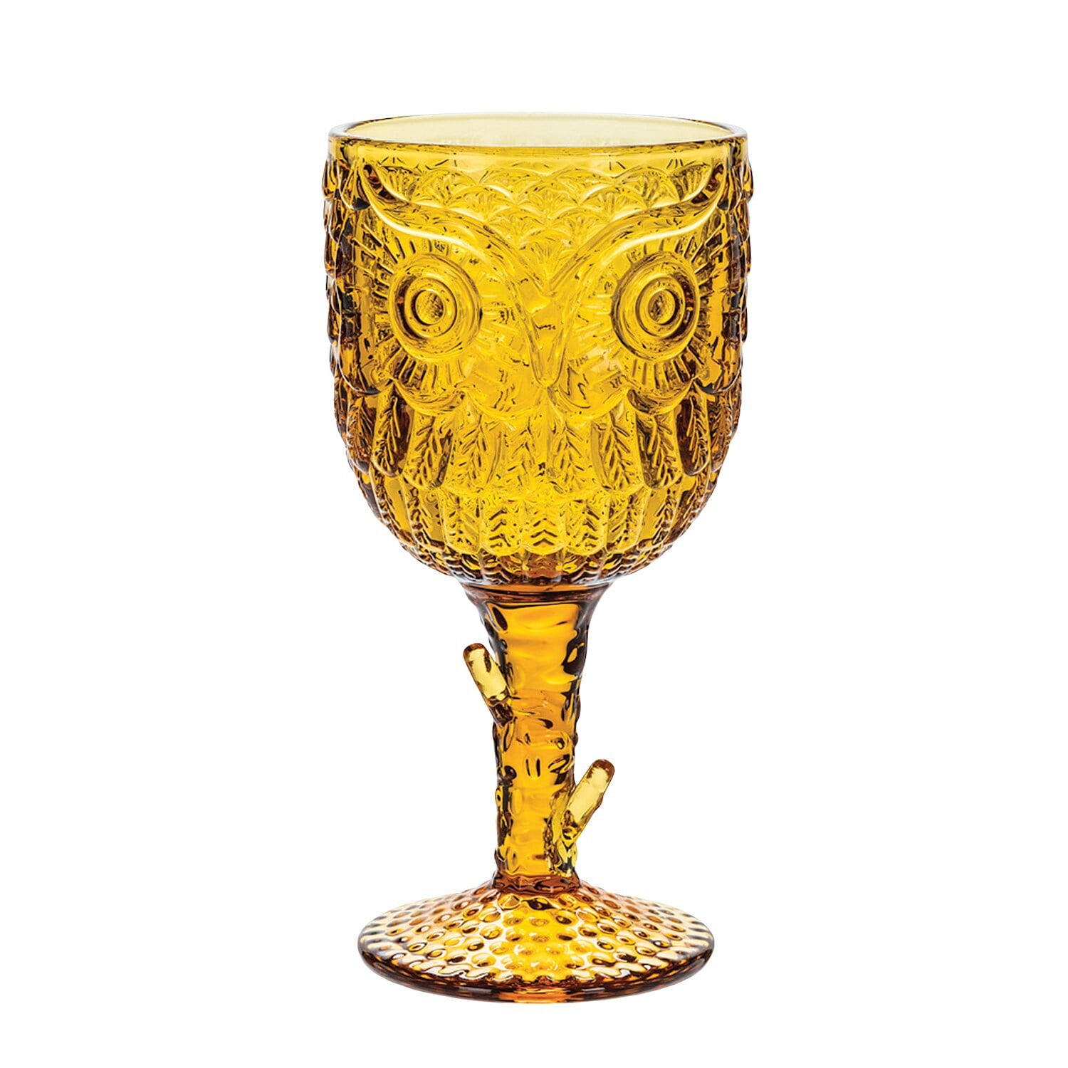 Owl Pressed Wine Glass Amber Color Stemware, Beverage Cup Holds 12