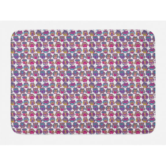 Owl Print Bath Mat, Repetitive Pattern Colorful Abstract Ornamental Bird Image, Plush Bathroom Decor Mat with Non Slip Backing, 29.5" X 17.5", Multicolor, by Ambesonne