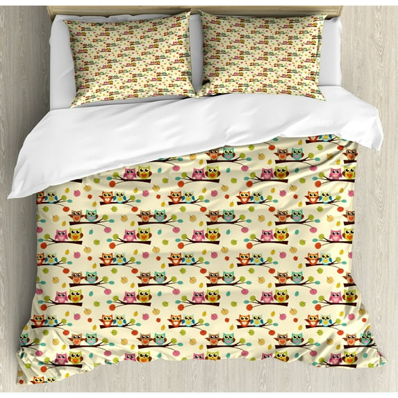 Owl Print Duvet Cover Set, Cartoon Pattern of Birds on Branches and Colorful Fallen Leaves, Decorative 3 Piece Bedding Set with 2 Pillow Shams, King Size, Cream and Multicolor, by Ambesonne