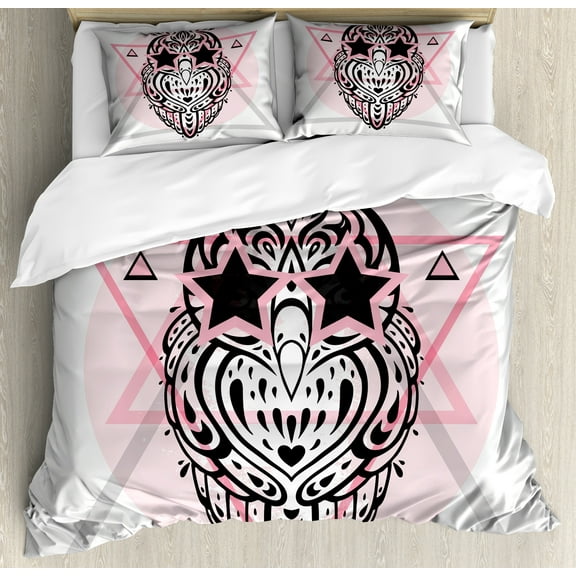 Owl Print Duvet Cover Set, Funny Contemporary Art Star Eyed Bird on Triangles, Decorative 3 Piece Bedding Set with 2 Pillow Shams, Queen Size, Pink Grey, by Ambesonne