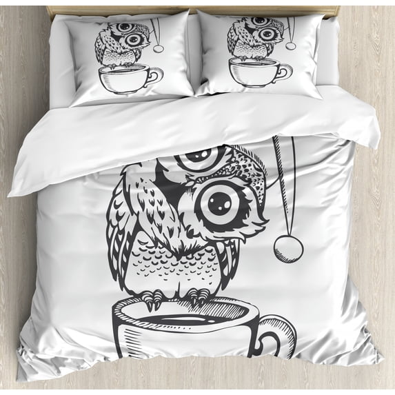 Owl Print Duvet Cover Set Queen Size, Adorable Baby Bird with Santa Hat Sits on a Coffee Cup Morning Vibes, Decorative 3 Piece Bedding Set with 2 Pillow Shams, Charcoal Grey and White, by Ambesonne
