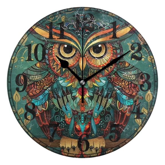 Owl Print Ethnic Silent Wall Clock 10" Non-Ticking Battery Clock