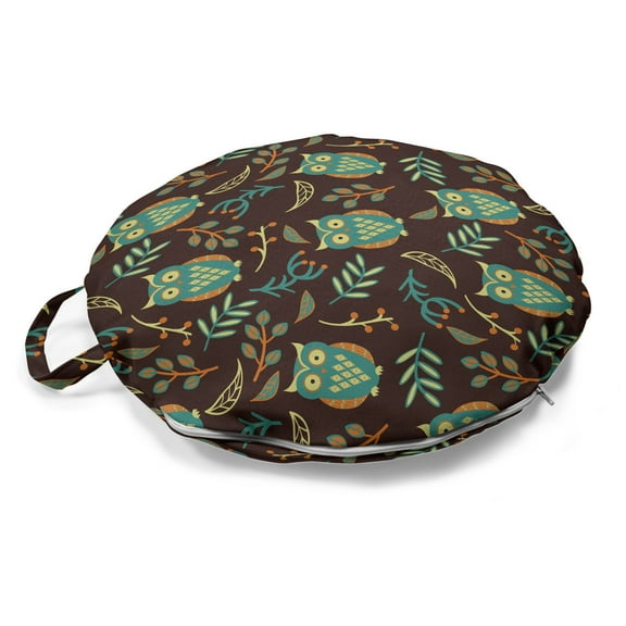 Owl Print Round Floor Cushion with Handle, Night Birds Leaves Berries Warm Autumn Colors Cartoon, Decorative Pillow for Living Room & Dorms, 18" Round, Brown Green, by Ambesonne