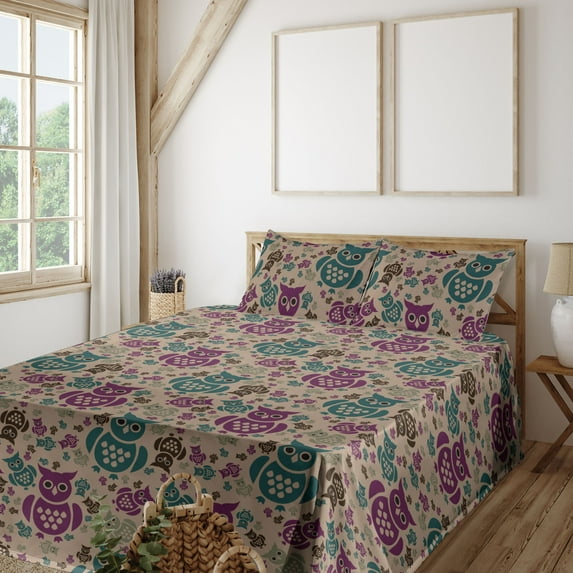 Ambesonne Owl Print Fitted & Flat Sheet with Shams 4 Pcs Set, Geometric Bird Pattern, Full, Purple Teal and Pastel Brown