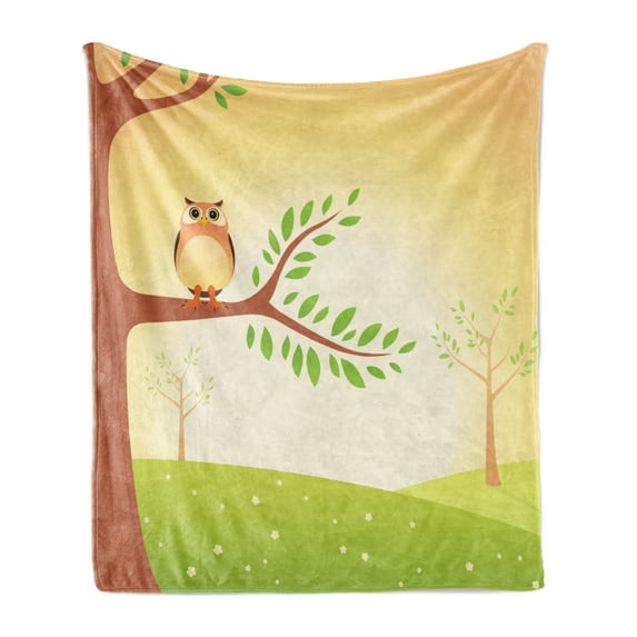 Owl Print Soft Flannel Fleece Throw Blanket, Cartoon of Lonely Wise Bird Tree Leaves Sunshine Print, Cozy Plush for Indoor and Outdoor Use, 50" x 60", Pale Yellow Lime Green, by Ambesonne