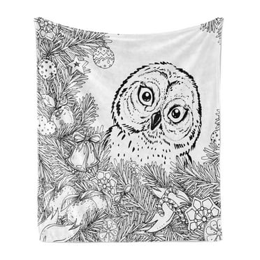 Owl Print Soft Flannel Fleece Throw Blanket, Christmas-Themed Composition of a Pine Tree Leaves and Ornaments, Cozy Plush for Indoor and Outdoor Use, 50" x 60", Charcoal Grey White Grey, by Ambesonne