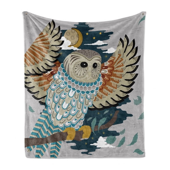 Owl Print Soft Flannel Fleece Throw Blanket, Detailed Motifs Bird Moon Tree Starry Night, Cozy Plush for Indoor and Outdoor Use, 50" x 60", Grey Multicolor, by Ambesonne