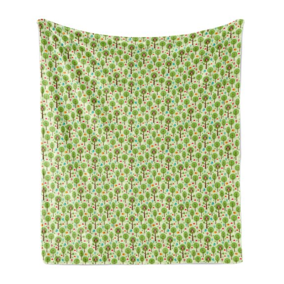 Owl Print Soft Flannel Fleece Throw Blanket, Forest Scene with Birds Trees Flowers and Leaves Spring Vibes, Cozy Plush for Indoor and Outdoor Use, 50" x 60", Pastel Green Multicolor, by Ambesonne