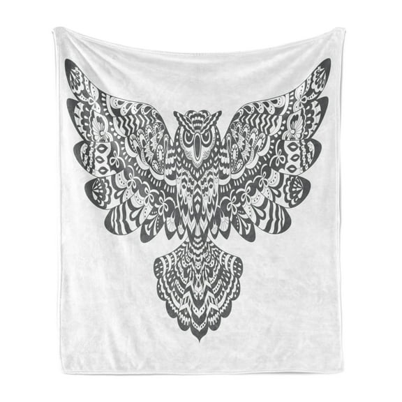 Owl Print Soft Flannel Fleece Throw Blanket, Illustration of a Single Monochrome Animal in Bohemian Style Open Wings, Cozy Plush for Indoor and Outdoor Use, 60" x 80", Dimgray and White, by Ambesonne