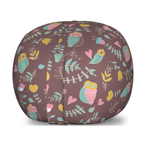 Owl Print Storage Toy Bag Chair, Hearts Leaves Autumnal Forest Birds, Stuffed Animal Organizer Washable Bag, Small Size, Pale Chocolate Multicolor, by Ambesonne