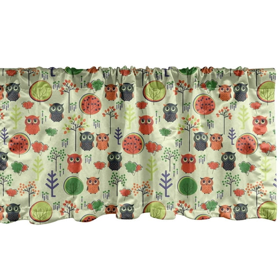 Owl Print Window Valance, Continuous Nature Inspire Pattern of Birds Trees and Plants, Curtain Valance for Kitchen Bedroom with Rod Pocket, 54" X 18", Pastel Green Multicolor, by Ambesonne