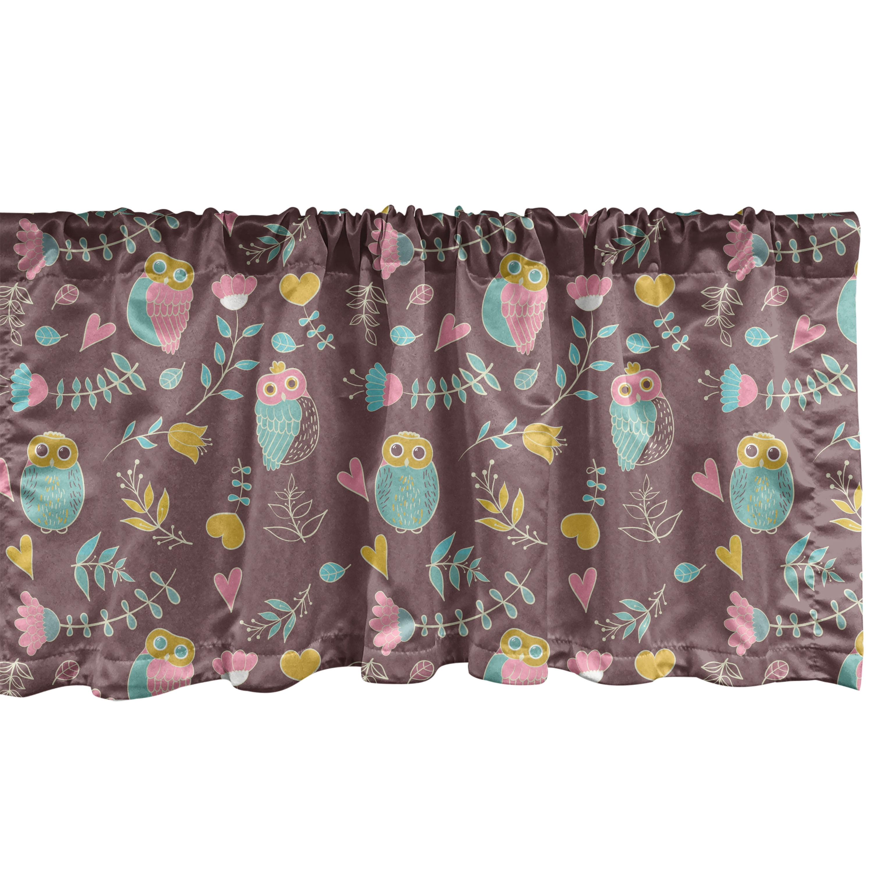 Owl Print Window Valance, Hearts Leaves Autumnal Forest Birds, Curtain
