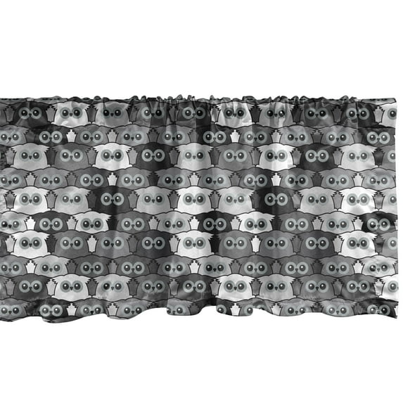 Owl Print Window Valance, Night Birds Big Eyes in Greyscale Tones Grunge Cartoon, Curtain Valance for Kitchen Bedroom with Rod Pocket, 54" X 18", Dimgray Grey, by Ambesonne