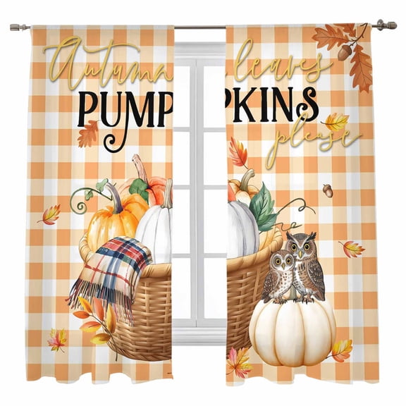 Owl Pumpkin Sheer Curtains 72 inches Long, Fall Maple Leaf Thanksgiving Scarf Orange Plaid Light Filtering Sheer Window Curtains Rod Pocket Voile Drapes for Bedroom Living Room, 52"W x 72"L 2 Panels