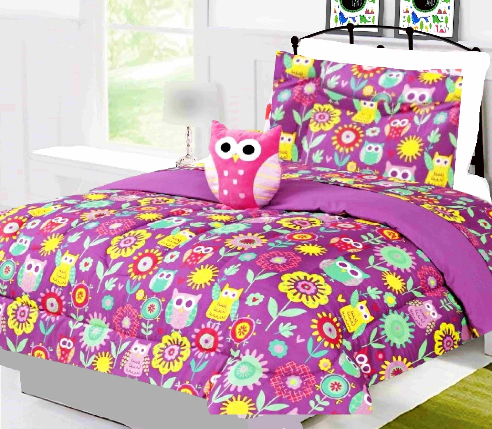 Owl Purple Bird Twin Bedding Set 6-Piece Plush Toy, Comforter