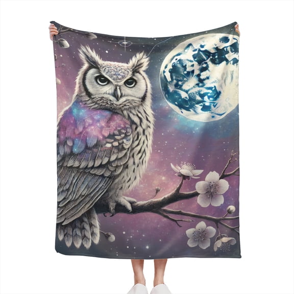 Owl in the Purple Night Moonlight Galaxy Boho Owls Lover Aesthetic Gift Lightweight Cozy Soft Flannel Throw Blanket 50x60 inches for Couch, Bed, Living Room, and Travel