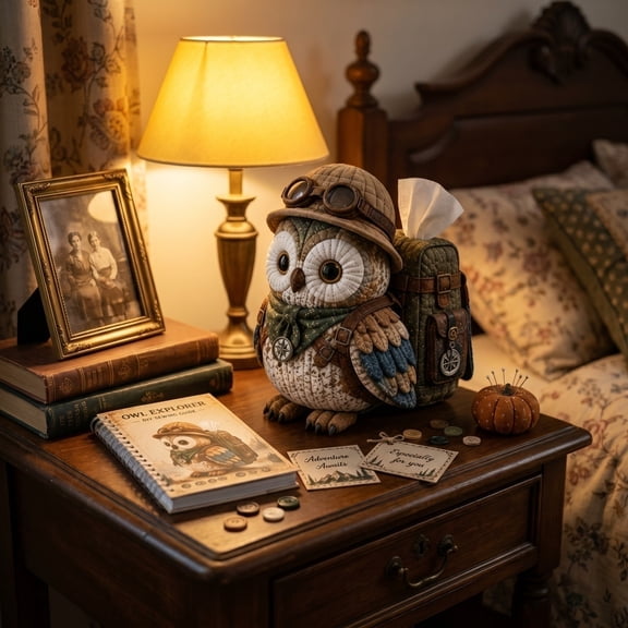 Owl Quilted Tissue Box Cover DIY Sewing Kit - Whimsical Handcrafted Patchwork Animal Craft Set for Adults, Unique Home & Desk Decor C