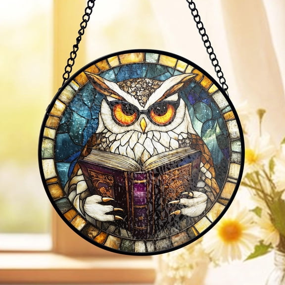 Owl Reading Book Stained Glass Suncatcher, Librarian Gift For Job Stained Glass, Teacher Relationship Window Hanging