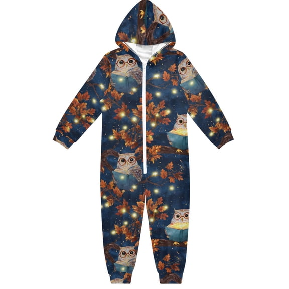 Owl Reading Branch One Piece Pajamas Soft Jumpsuit Cozy Sleep and Play Romper Zipper and Pockets 5-6T