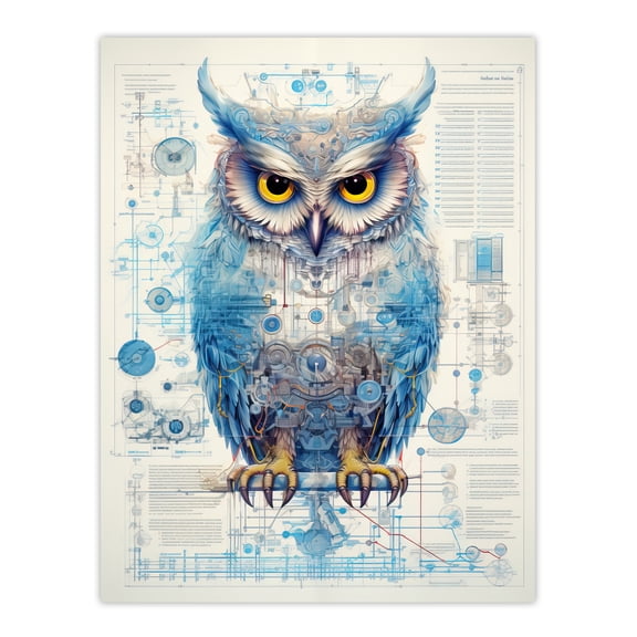 Owl Robot Hybrid Secret Military Schematic Blueprint Futuristic Complex Arcane Manuscript Gift For Him Man Cave Extra Large XL Wall Art Poster Print