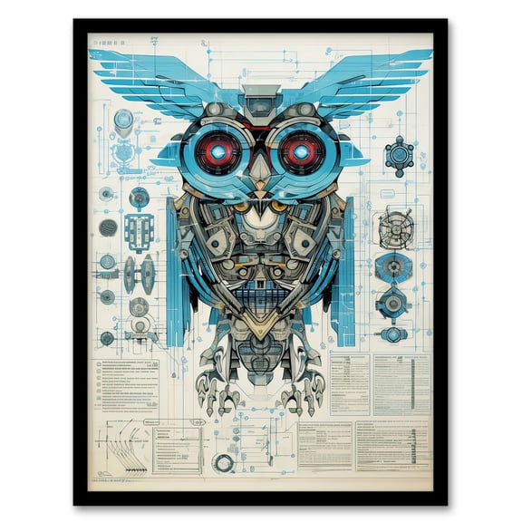 Owl Robot Machine Schematic Diagram Engineering Page Blue Gold Futuristic Technology Design Art Print Framed Poster Wall Decor 12x16 inch