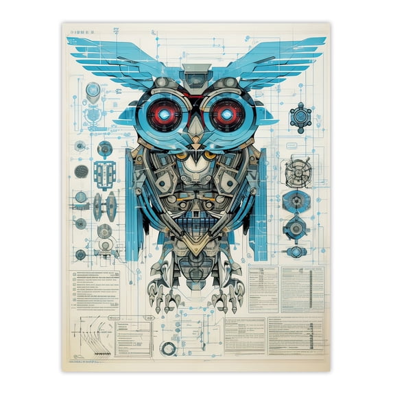 Owl Robot Machine Schematic Diagram Engineering Page Blue Gold Futuristic Technology Design Large Wall Art Poster Print Thick Paper 18X24 Inch