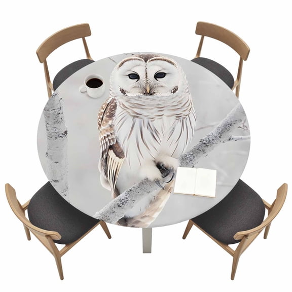 Owl Round Fitted Tablecloth with Elastic Edge Cute White Owl Perch On Tree Branch Snow Forest Table Cover Fit for 45"-54" Tables Waterproof Tablecloths for Dinner Camping Picnic